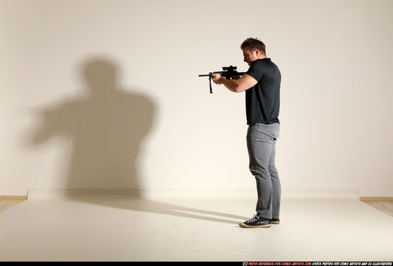 Man Adult Muscular White Fighting with submachine gun Moving poses Casual