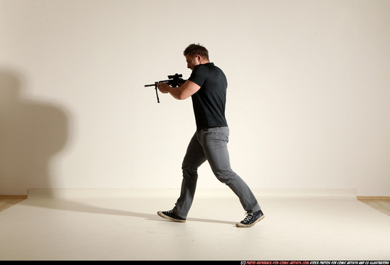 Man Adult Muscular White Fighting with submachine gun Moving poses Casual