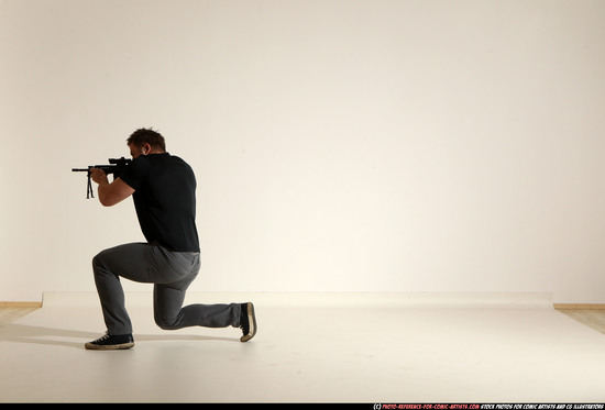 Man Adult Muscular White Fighting with submachine gun Moving poses Casual