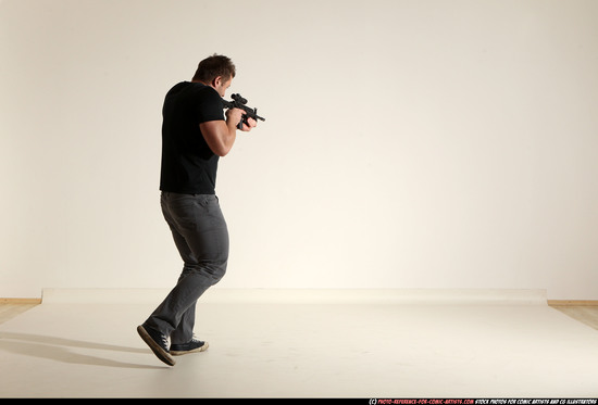 Man Adult Muscular White Fighting with submachine gun Moving poses Casual