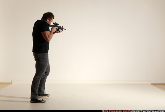 Man Adult Muscular White Fighting with submachine gun Moving poses Casual