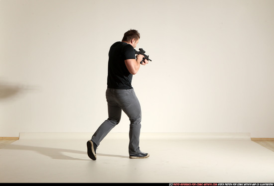 Man Adult Muscular White Fighting with submachine gun Moving poses Casual