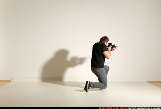 Man Adult Muscular White Fighting with submachine gun Moving poses Casual