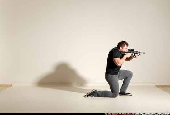 Man Adult Muscular White Fighting with submachine gun Moving poses Casual