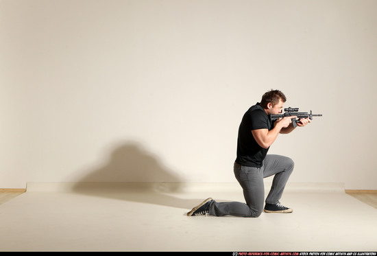 Man Adult Muscular White Fighting with submachine gun Moving poses Casual