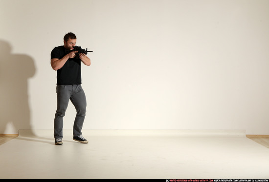 Man Adult Muscular White Fighting with submachine gun Moving poses Casual