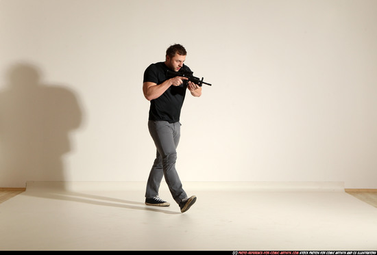 Man Adult Muscular White Fighting with submachine gun Moving poses Casual