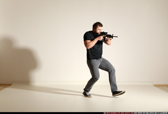 Man Adult Muscular White Fighting with submachine gun Moving poses Casual