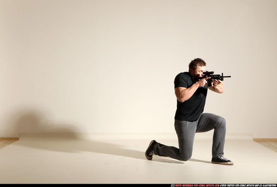 Man Adult Muscular White Fighting with submachine gun Moving poses Casual