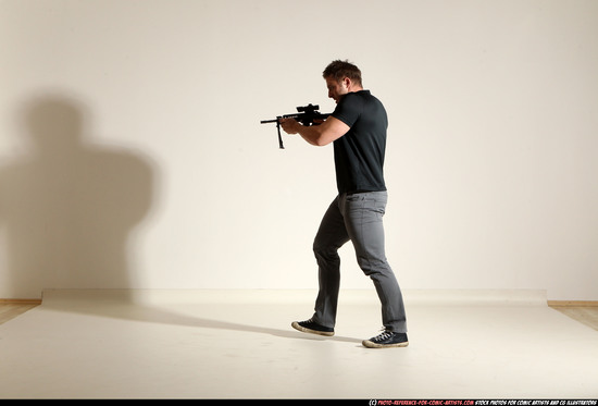 Man Adult Muscular White Fighting with submachine gun Moving poses Casual