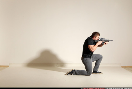 Man Adult Muscular White Fighting with submachine gun Moving poses Casual