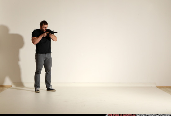 Man Adult Muscular White Fighting with submachine gun Moving poses Casual