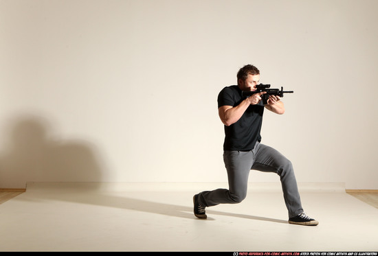 Man Adult Muscular White Fighting with submachine gun Moving poses Casual