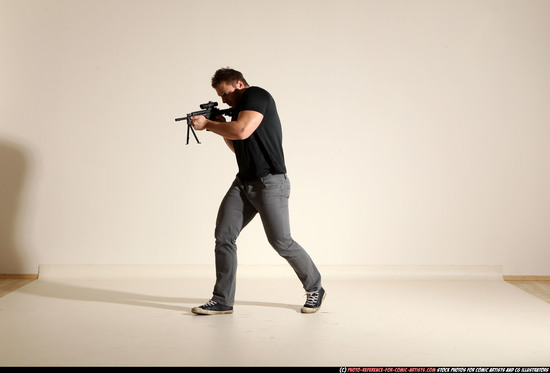 Man Adult Muscular White Fighting with submachine gun Moving poses Casual