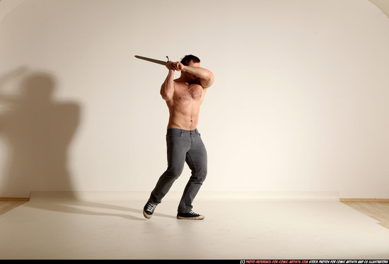 Man Adult Muscular White Fighting with sword Moving poses Pants