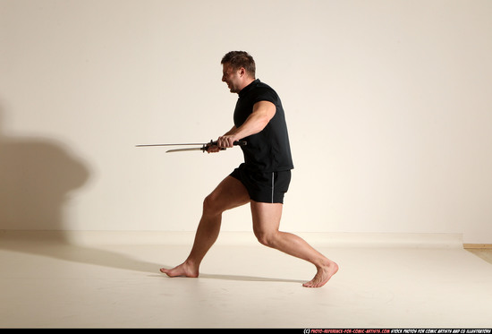 Man Adult Muscular White Fighting with sword Moving poses Sportswear