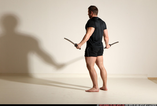 Man Adult Muscular White Fighting with sword Moving poses Sportswear