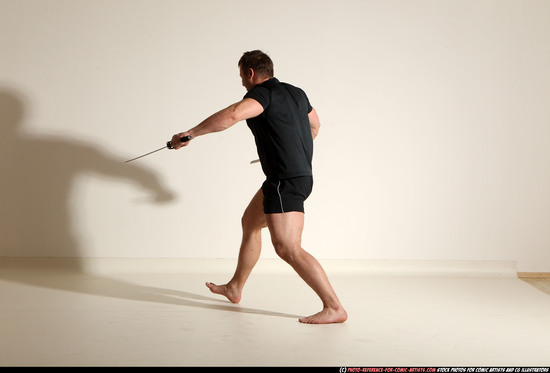 Man Adult Muscular White Fighting with sword Moving poses Sportswear