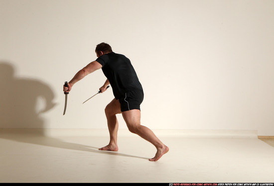 Man Adult Muscular White Fighting with sword Moving poses Sportswear