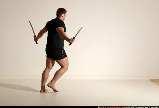 Man Adult Muscular White Fighting with sword Moving poses Sportswear