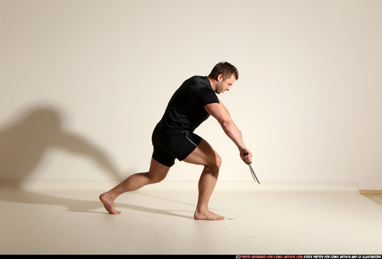 Man Adult Muscular White Fighting with sword Moving poses Sportswear