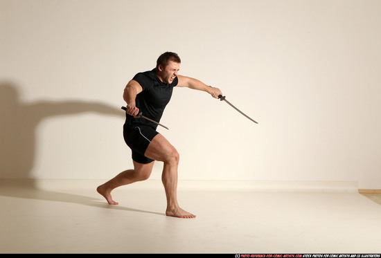 Man Adult Muscular White Fighting with sword Moving poses Sportswear