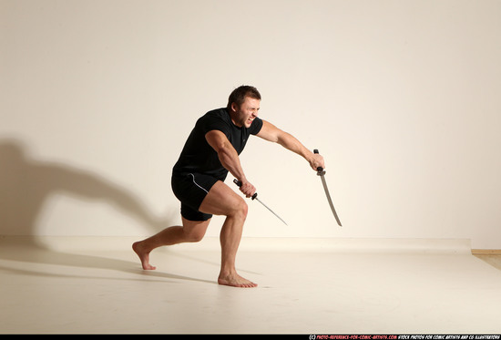 Man Adult Muscular White Fighting with sword Moving poses Sportswear