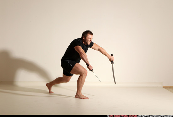 Man Adult Muscular White Fighting with sword Moving poses Sportswear