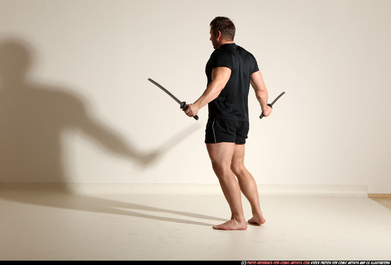 Man Adult Muscular White Fighting with sword Moving poses Sportswear