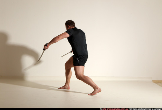 Man Adult Muscular White Fighting with sword Moving poses Sportswear