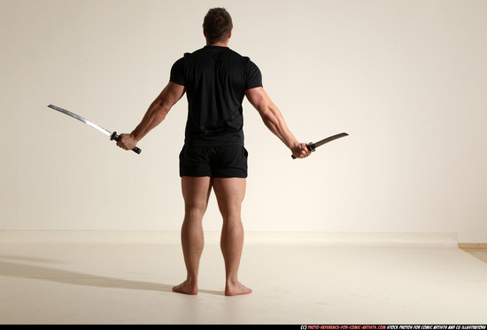 Man Adult Muscular White Fighting with sword Moving poses Sportswear