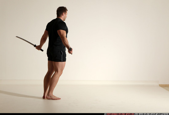 Man Adult Muscular White Fighting with sword Moving poses Sportswear