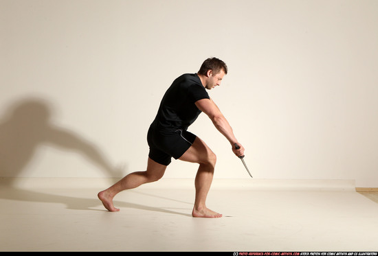 Man Adult Muscular White Fighting with sword Moving poses Sportswear