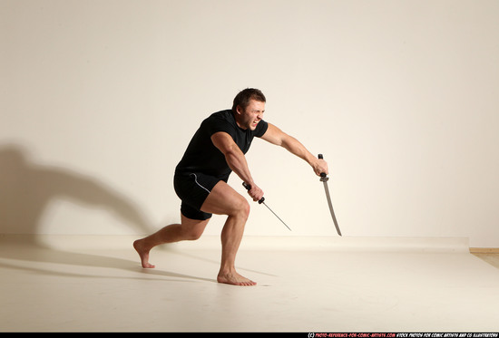 Man Adult Muscular White Fighting with sword Moving poses Sportswear