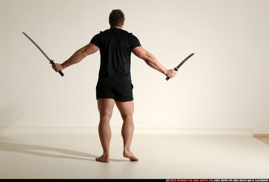 Man Adult Muscular White Fighting with sword Moving poses Sportswear