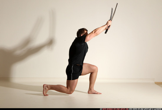 Man Adult Muscular White Fighting with sword Moving poses Sportswear