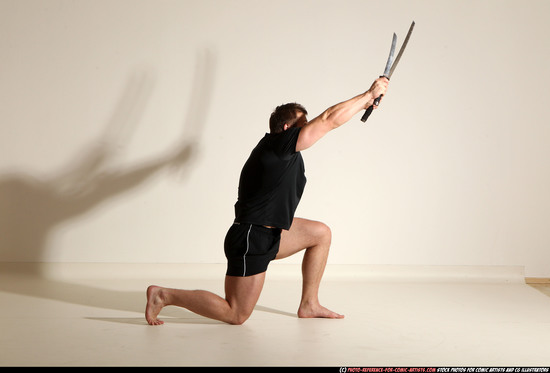 Man Adult Muscular White Fighting with sword Moving poses Sportswear