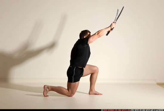 Man Adult Muscular White Fighting with sword Moving poses Sportswear