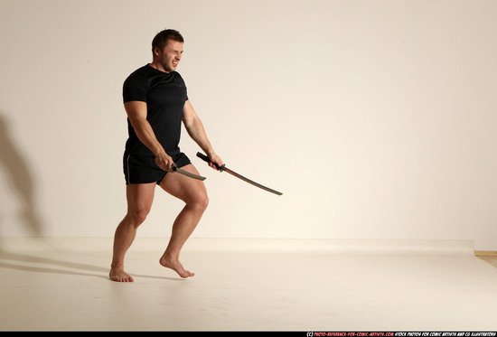 Man Adult Muscular White Fighting with sword Moving poses Sportswear