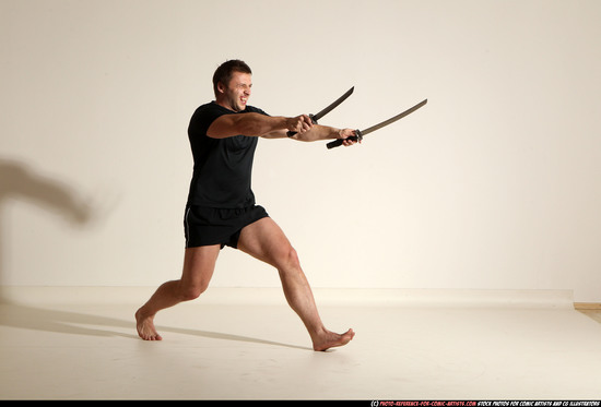 Man Adult Muscular White Fighting with sword Moving poses Sportswear