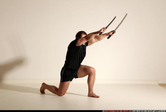 Man Adult Muscular White Fighting with sword Moving poses Sportswear