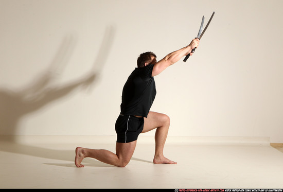 Man Adult Muscular White Fighting with sword Moving poses Sportswear