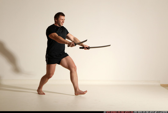 Man Adult Muscular White Fighting with sword Moving poses Sportswear