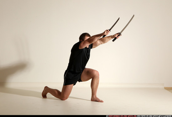 Man Adult Muscular White Fighting with sword Moving poses Sportswear