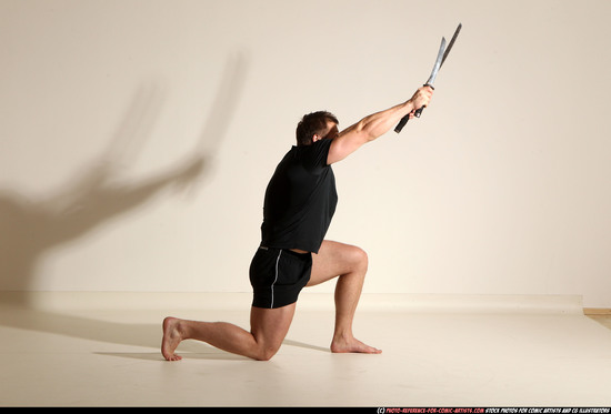 Man Adult Muscular White Fighting with sword Moving poses Sportswear