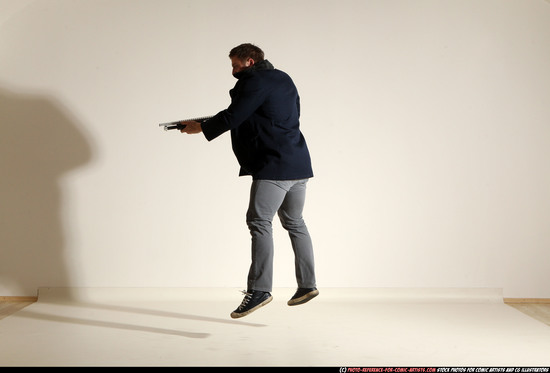 Man Adult Muscular White Moving poses Casual Fighting with shotgun