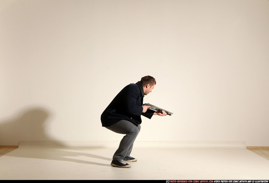 Man Adult Muscular White Moving poses Casual Fighting with shotgun