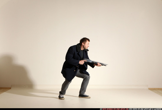 Man Adult Muscular White Moving poses Casual Fighting with shotgun