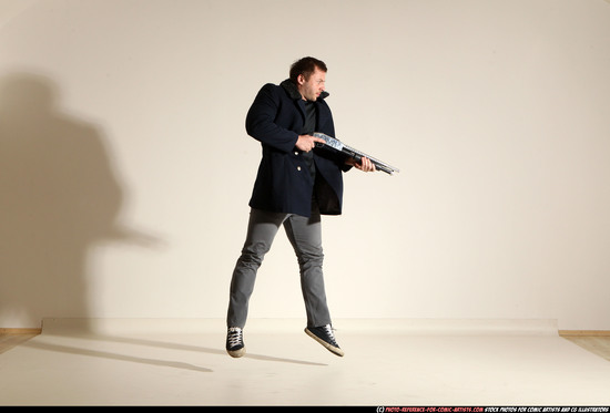 Man Adult Muscular White Moving poses Casual Fighting with shotgun