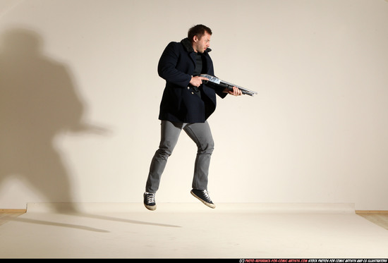 Man Adult Muscular White Moving poses Casual Fighting with shotgun